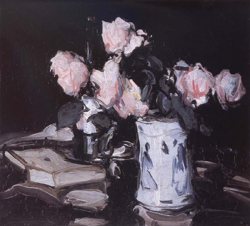 Samuel John Peploe Roses in a Blue and White Vase,Black Background oil painting picture